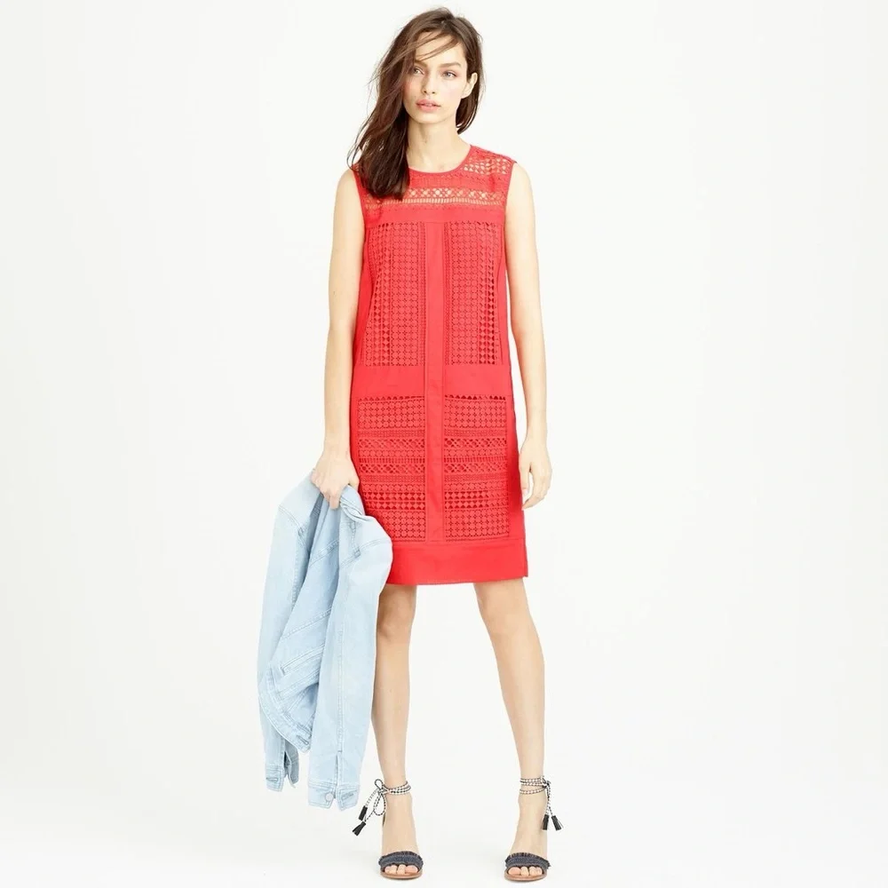 J.Crew Radish Coral-Red Embroidered Lace Sleeveless Shift Dress Cotton Size M - Picture 1 of 14